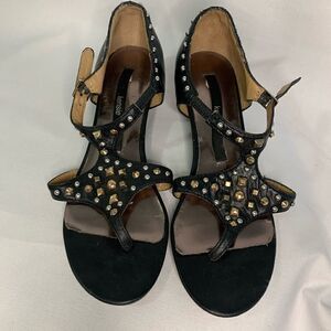 KENSIE Black Leather Studded Demi Wedge Sandal
